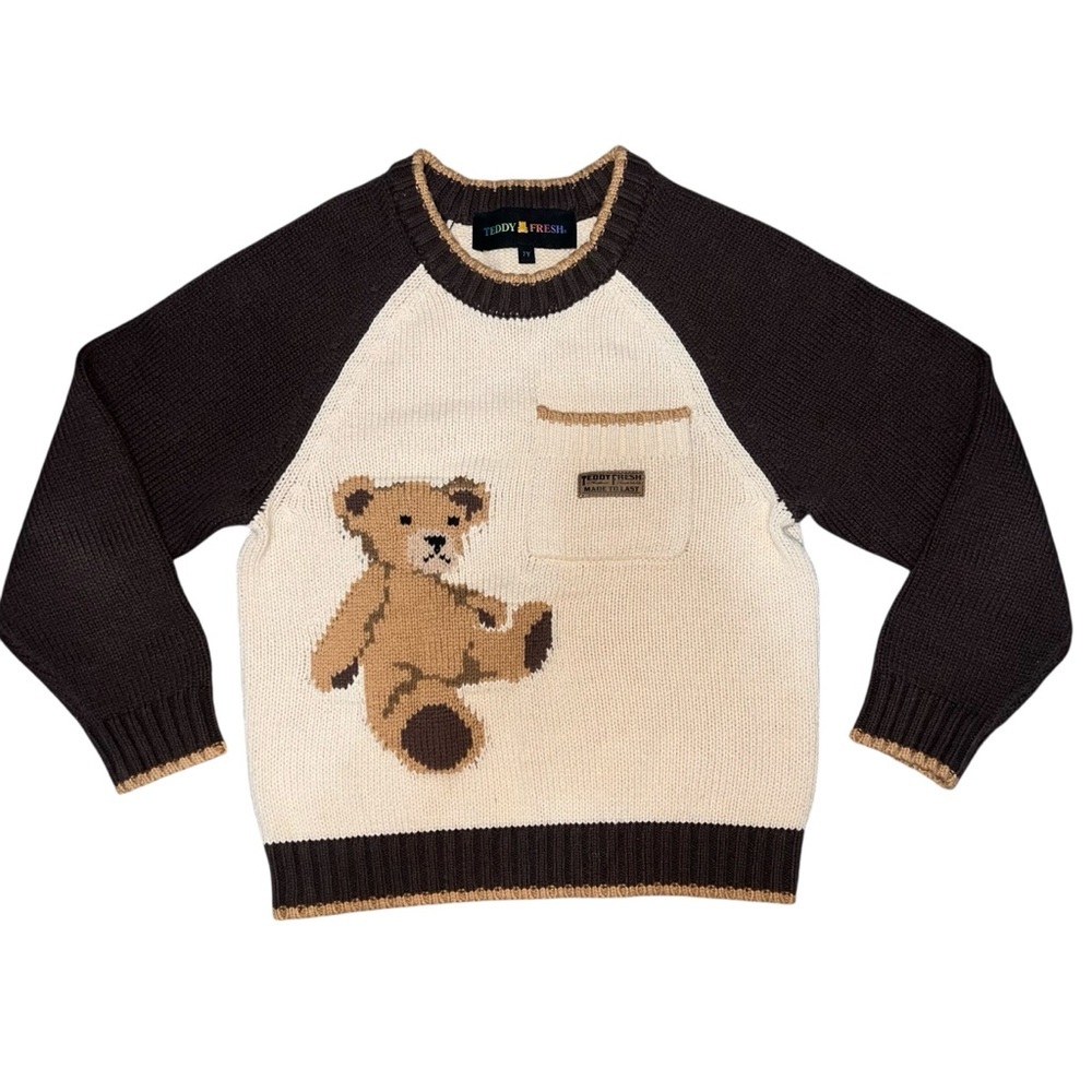 EUC Teddy Fresh Boys Cream & Chocolate Bear Intarsia Knit Sweater Cotton Size 7